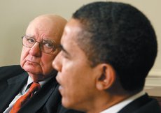 Paul Volcker, chairman of the Economic Recovery Advisory Board, at a meeting with President Obama at the White House, March 13, 2009