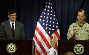 U.S. Deputy Secretary of State Jacob Lew, left, and Adm. Mike Mullen at a press conference in Baghdad, Iraq, on Tuesday. Mullen, the chairman of the Joint Chiefs of Staff, told reporters he was “appalled” by the leak and “there is a real potential threat there to put American lives at risk.”