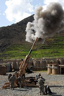 Members of Charlie Battery, 1st Battalion, 321th Field Artillery Regiment, 18th Fires Brigade (Airborne), fire the 9,900 lbs M-777 Howitzer Artillery Cannon at Forward Operating Base Bostick, March 17