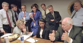 Dick Cheney in the White House bunker, speaking to administration officials (from left) Joshua Bolten, Karen Hughes, Condoleezza Rice and I. Lewis ‘Scooter’ Libby. [Source: David Bohrer / White House] 