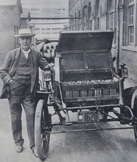 At one time, 25% of the cars were electric, here Thomas Edison shows his nickel iron battery, packed under the front seat of an early model c. 1900. 
