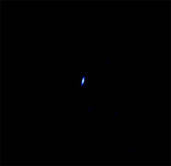 The VLBA made this image of Voyager 1's signal on Feb. 21, 2013. At the time, Voyager 1 was 11.5 billion miles (18.5 billion kilometers) away. The image is about 0.5 arcseconds on a side. An arcsecond is the apparent size of a penny as seen from 2.5 miles (4 kilometers) away. The slightly oblong shape of the image is a result of the array's configuration.