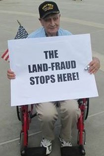 Aldo Dipre`, a 94-year old disabled World War II Veteran, strongly admonished the biggest land-fraud scam in American history, declaring: “No more!  Enough of this illegal land use for private interests while our disabled homeless Veterans suffer greatly and live under dangerous and inhumane conditions. Bring them Home!”