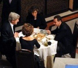 Kerry's and Assad eat dinner at Damascus restaurant in 2009. Guess Assad did not like the Gefilte Fish Kerry was bringing!