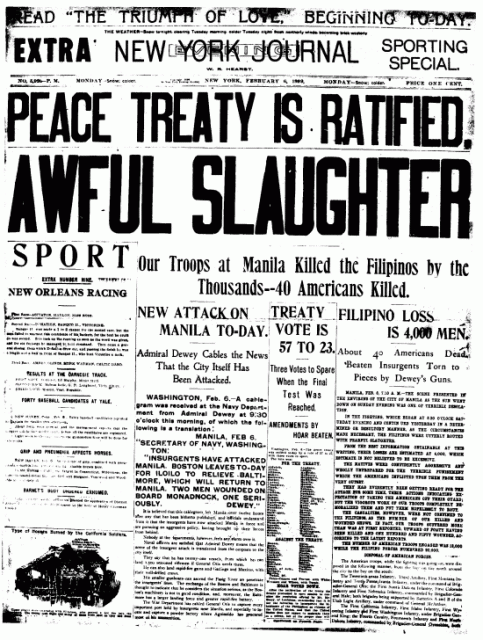 'AWFUL SLAUGHTER" headline on the genocide committed by U.S. forces in the Philippines.