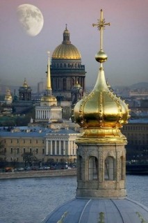 St. Petersburg's seven golden domes at dusk