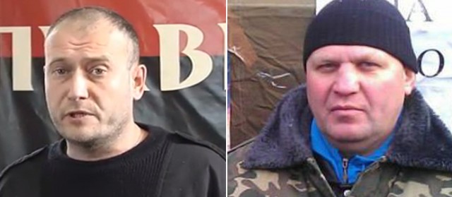 Right Sector's Dmitry Yarosh (L) and  Alexander Muzychko (R), who died of lead poisoning (three bullets) at his last supper Sunday night