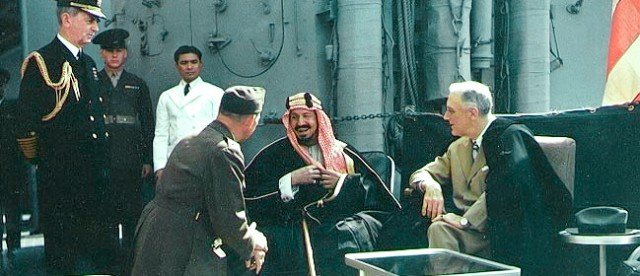 February 14, 1945 -- U.S. President Franklin Roosevelt signed an agreement with Saudi Arabia’s King Abdul Rahman bin Saud Al Saud aboard the USS Quincy