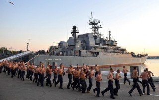 Russian sailors do their morning exercises