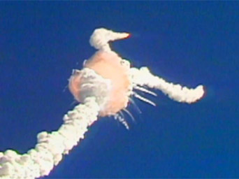 Space shuttle Challenger unnecessarily blows up shortly after liftoff on January 26, 1986