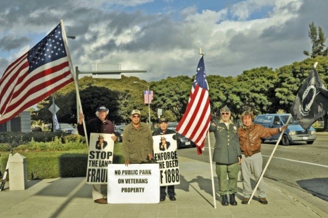 Robert Rosebrock (L) and other veterans have held 326 weekly protests at the West Los Angeles Veterans Home to protest the illegal use of land deeded for the care of veterans. Seen to the right of Rosebrock are Gil Flores, Hank Peipeka, Larry Kegel, and David Bischoff (L–R). (Robin Kemker/Epoch Times)