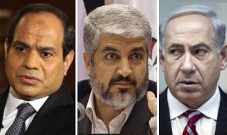 Egyptian President Abdel-Fattah El-Sisi, Hammas leader Khaled Meshal, Israeli Prime Minister Binyamin Netanyahu