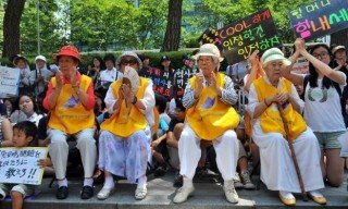 "South Korean women who were forced to serve as sex slaves for Japanese troops during World War II, attend a protest against Japan in Seoul on August 8, 2012"