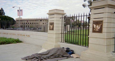 Homeless Veteran outside the multi-million-dollar fence to beautify the entryway into Brentwood.  One million dollars came from Veterans healthcare budget to co-partner with Sue Young’s VPC group 