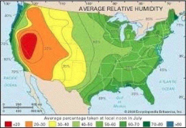 Figure 3. Average relative humidity over the United States implies that ! moisture is more concentrated in the eastern part of the continent.