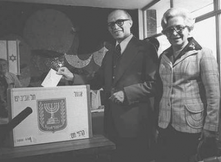 Menachem Begin casting his ballot in the Israeli Election of 1977 which Likud won.