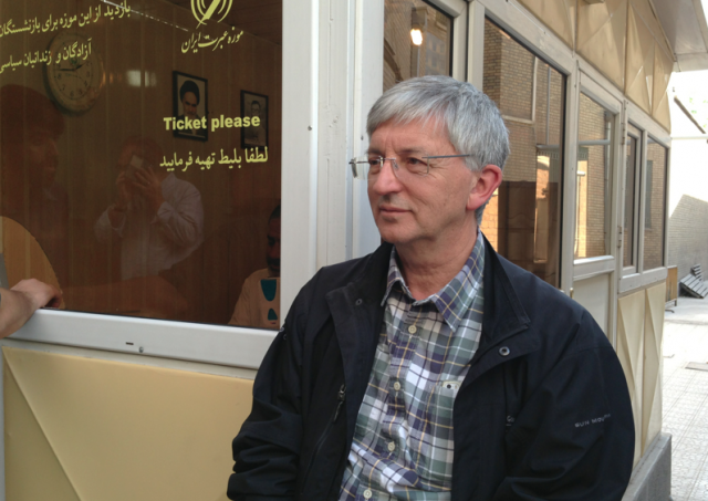 The author's own photograph of Rev. Stephen Sizer as we were entering the Ebrat Museum of Iran. The Ebrat Museum is the site the Shah of Iran's most notorious Torture Chamber. The displays demonstrate the brutalities of the US puppet regime that ruled Iran on behalf of US-based corporate interests between 1953 and 1979. 