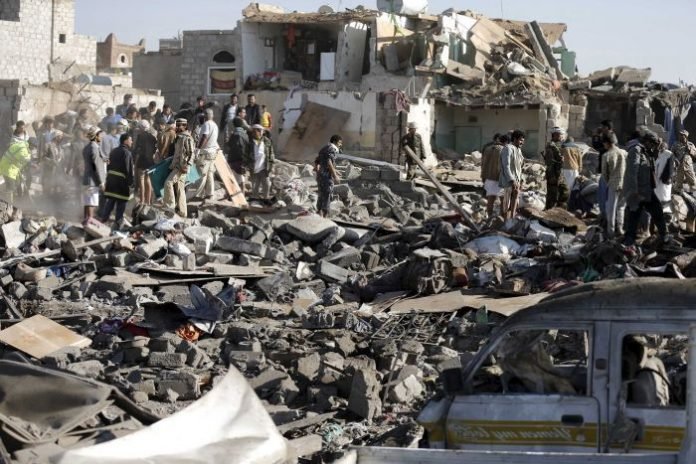 Rubble in the wake of Saudi air attack on Aden