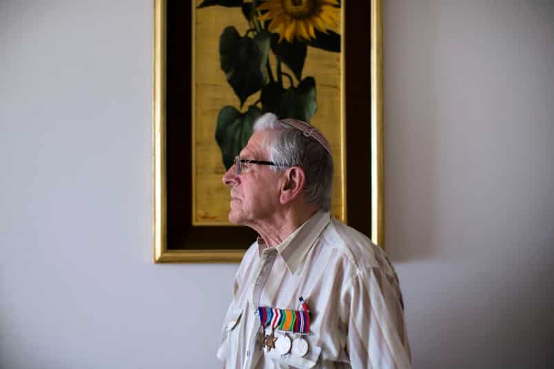 British Jewish World War II veteran Norman Cohen who landed on the beaches of Normandy on D-Day with the British 2nd Army as a radio operator under the command of General Miles Dempsey, poses for a photo at his home in Jerusalem on May 19, 2015 . 