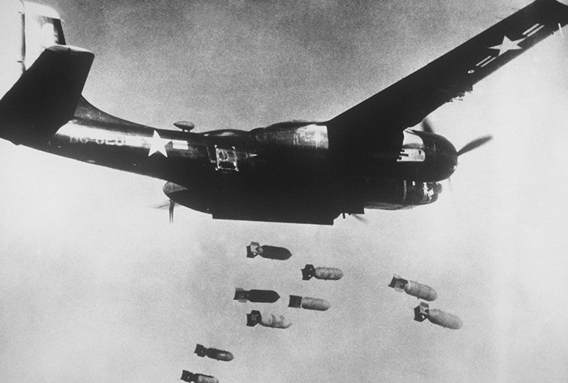 Fifth Air Force, Korea--A dramatic stop-action photograph shows nine high explosive missiles leaving the bomb bay of a U.S. Air Force 3rd Bomb wing B-26 light bomber over a Communist target in North Korea. The light bombers fly day and night combat missions, attacking key Red military targets including rail and road bridges, communication centers, supply-laden vehicles and troop and supply areas along the battleline. AIR AND SPACE MUSEUM#: 84203 AC