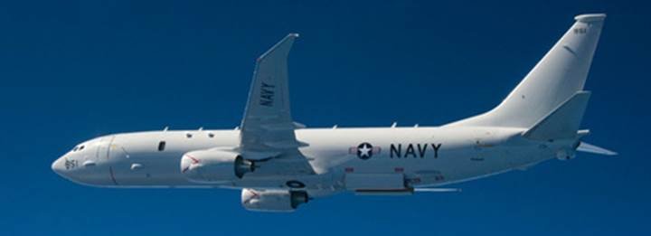 A Navy P-8 Poseidon aircraft on patrol