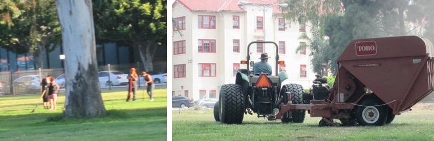 Volunteers for the AIDS Bicycle fundraiser fill in gopher holes while the VA’s lawn maintenance crew re-grade and re-landscape the Grand Lawn to make it safe for anyone walking on these grounds.