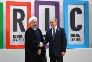 Rouhani and Putin at the 2015 BRICS Summit in Ufa, Russia