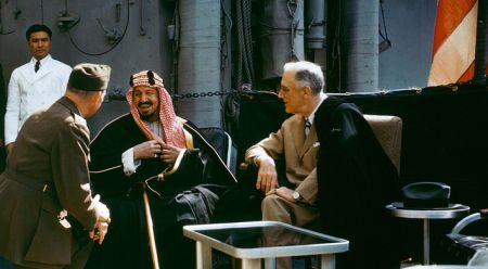 Roosevelt meets with Saudi king Abdul Aziz aboard the USS Quincy in Great Bitter Lake, Egypt