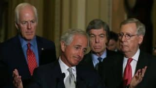 US Senate Foreign relations Chairman Bob Corker (R-KY) (C) speaks while flanked by Senate Majority Leader Mitch McConnell (R-KY) (R), Sen. John Cornyn (R-TX) (L) and Sen. Roy Blunt (R-MO) during a news conference after the Republican policy luncheon on Capitol Hill on September 16, 2015 in Washington, DC. (AFP photo)