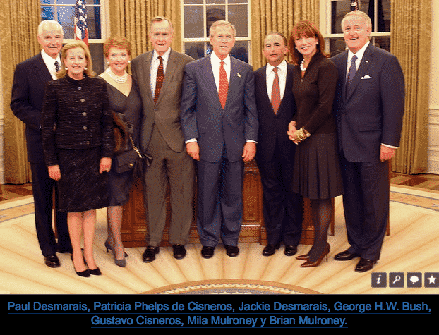 Some of Barrick's Top Barricudas with Their Wives. While US President George H. W. Bush Essentially Gifted the Toronto-Based Barrick Gold Company the Richest Gold Mine in the USA. Bush Sr. Therefore Became Barrick Barricuda Number 1. Bush Called in His Partner in Crime, Former Canadian PM Brian Mulroney, to Join Him on Barrick's Notoriously Shady International Advisory Board. Pictured at the Extreme Left is Another Barricuda, Paul Desmarais, the Financial Power Behind Former Canadian PM Jean Chretien. 
