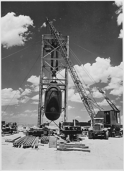 "Trinity" atomic device being positioned at White Sands, New Mexico, July 16th, 1945. - National Archives