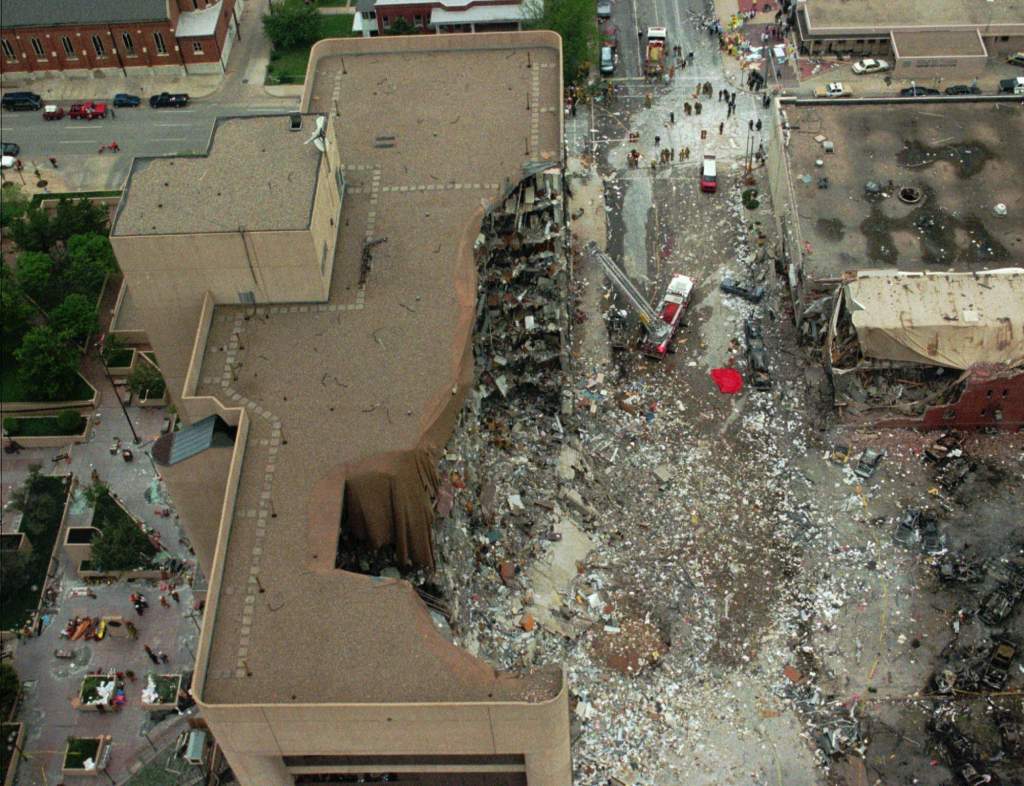 The Alfred Murrah Federal Building in downtown Oklahoma City after a car bomb ripped through it Wednesday, April 19, 1995. (AP Photo)