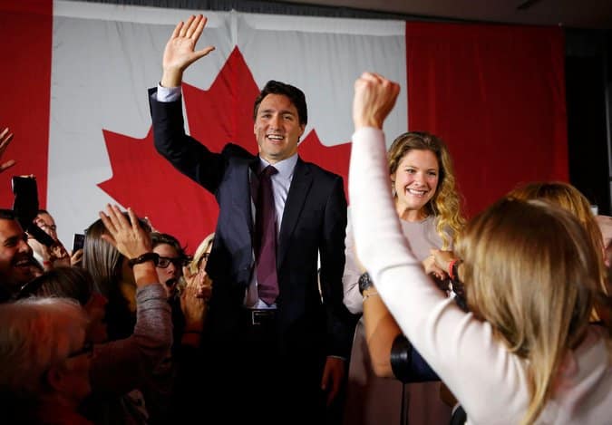 Justin Trudeau of the Liberal Party and his wife before giving his victory speech in Montreal, Canada.
