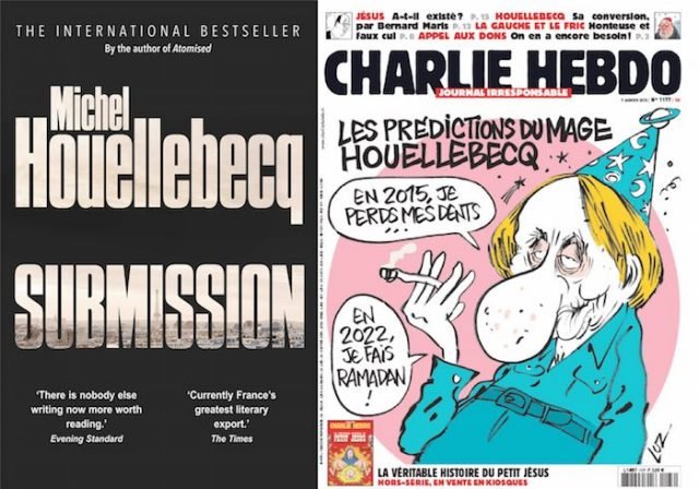 On the same day - 1/7/2015 - Houellebecq's novel was released, Charlie Hebdo featured him, and the magazine was attacked