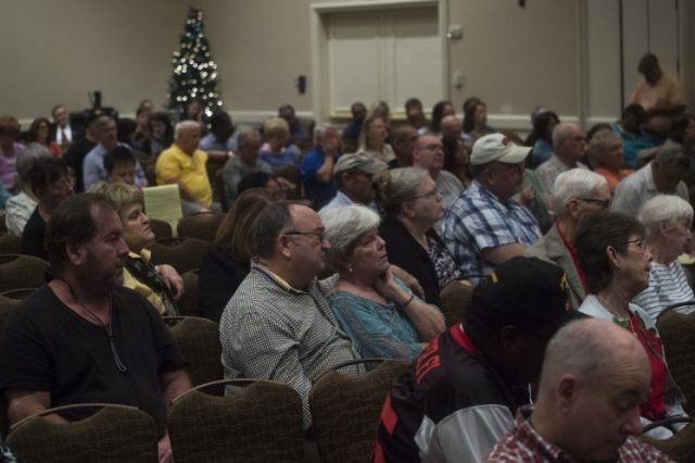  ZACK WITTMAN | Times Camp Lejeune veterans and community members listen to epidemiologists discuss tainted water at the base during a panel hosted by the Agency for Toxic Substances and Disease Registry. 